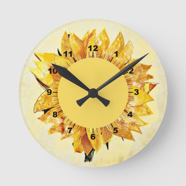 Cute Elegant Girly Modern Sunflowers Yellow Round Clock (Front)