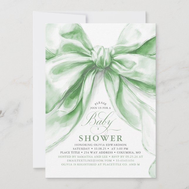 Cute Elegant Green Bow Baby Shower Invitation (Front)