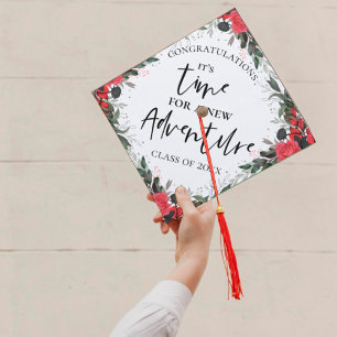 Cute Elegant Its Time For Adventure Peach Floral Graduation Cap Topper