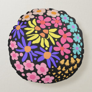 Cute Elegant Modern Retro Flowers Black Round Pillow