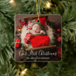 Cute Elegant Photo Grandparents First Christmas Ceramic Ornament<br><div class="desc">Cute holiday birth announcement ornament featuring a simple design with "Our First Christmas as Grandparents" in an elegant script over your favourite newborn photo. The back has a second picture along with baby's name and birth stats. Upload an ultrasound photo and add your baby's name and due date to make...</div>