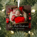 Cute Elegant Photo Grandparents First Christmas Metal Ornament<br><div class="desc">Cute holiday birth announcement ornament featuring a simple design with "Our First Christmas as Grandparents" in an elegant script over your favorite newborn photo. The back has a second picture along with baby's name and birth stats. Upload an ultrasound photo and add your baby's name and due date to make...</div>