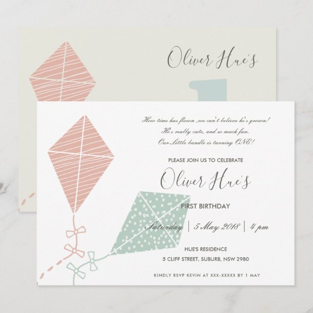 CUTE ELEGANT PINK BLUE KITE KIDS TODDLER BIRTHDAY INVITATION (Front/Back)