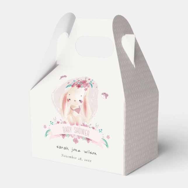 Cute Elegant Pink Floral Bunny & Birds Baby Shower Favor Box (Front Side)