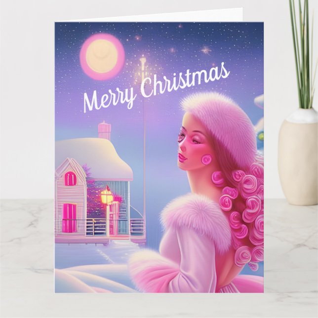 Cute Elegant Pink Girly Merry Christmas Card (Front)