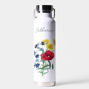 Cute Elegant Poppy Bluebells Daisy Flowers Name Water Bottle