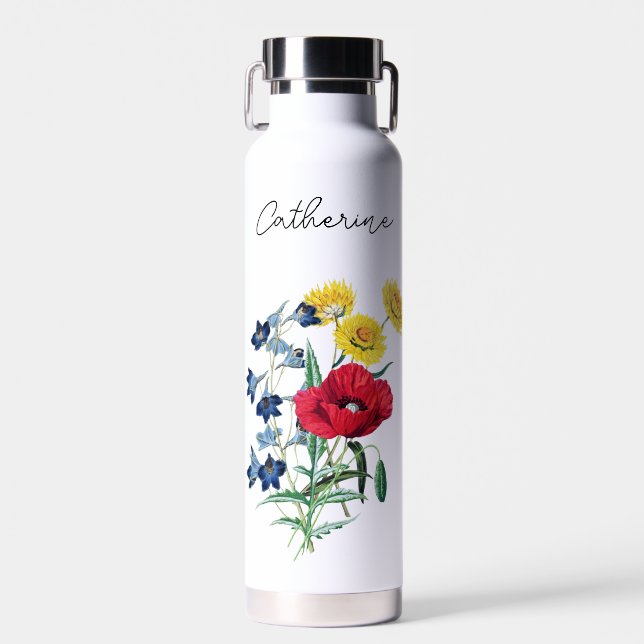Cute Elegant Poppy Bluebells Daisy Flowers Name Water Bottle (Front)