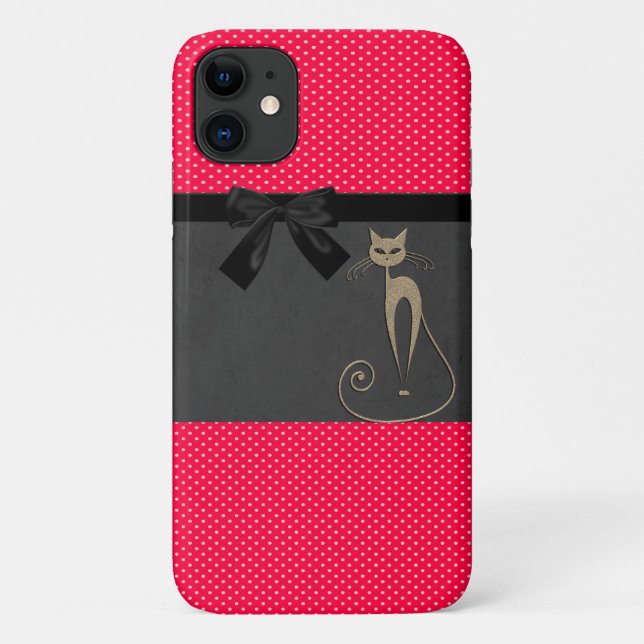 Cute Elegant Red Polka Dots Black Bow Cat Case-Mate iPhone Case (Back)