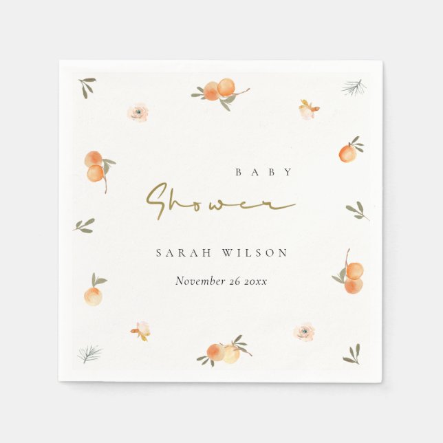 Cute Elegant Soft Orange Floral Boho Baby Shower Napkin (Front)