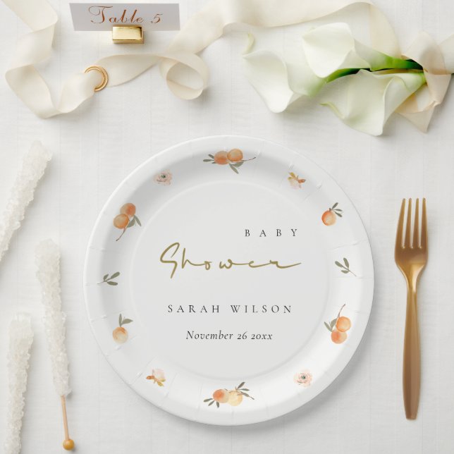 Cute Elegant Soft Orange Floral Boho Baby Shower Paper Plate (Wedding)