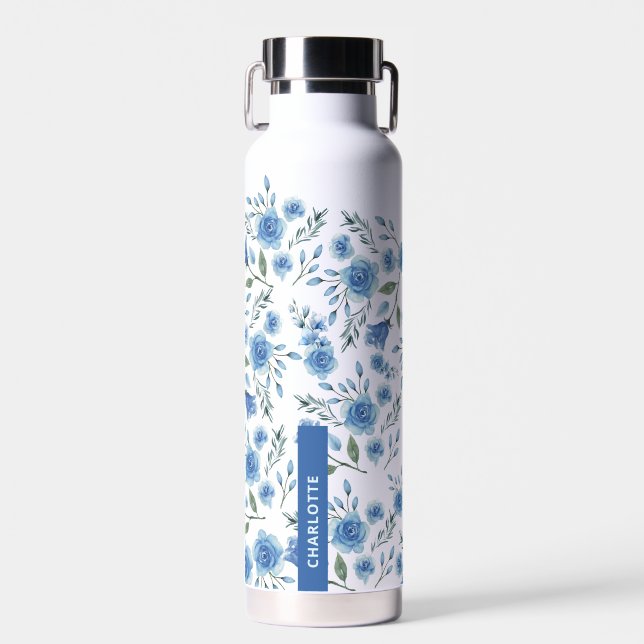 Cute Elegant Watercolor Blue Floral Pattern  Water Bottle (Front)