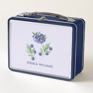 Cute Elegant Watercolor Blueberry Fruit Monogram  Metal Lunch Box