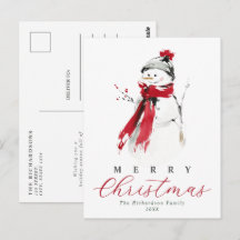 Cute Elegant Watercolor Snowman Christmas