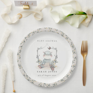 Cute Elegant Yellow Baby Hippo Foliage Baby Shower Paper Plate