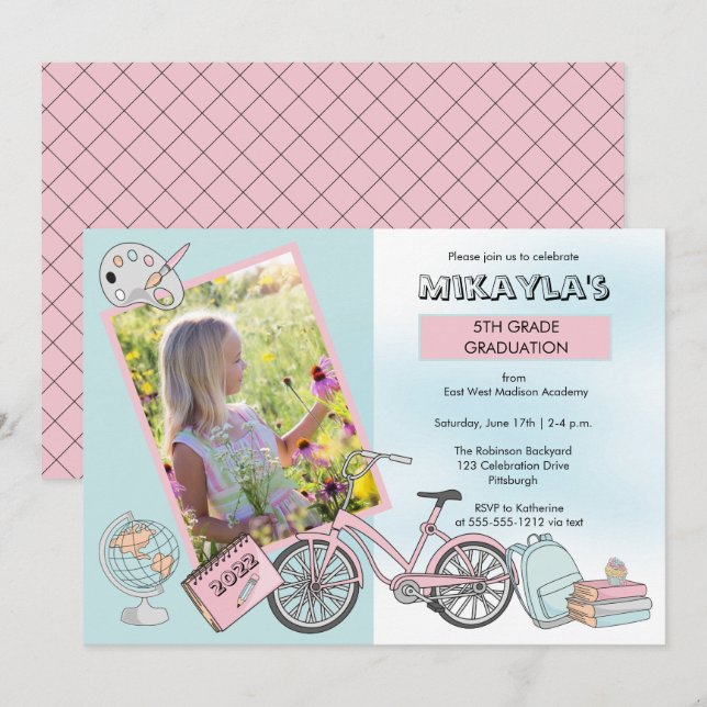 Cute Elementary Photo Girl Graduation Party Invitation (Front/Back)