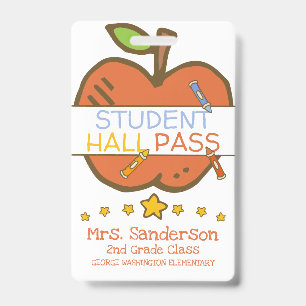 Cute Elementary Student Hall Pass w Crayons Apple Badge