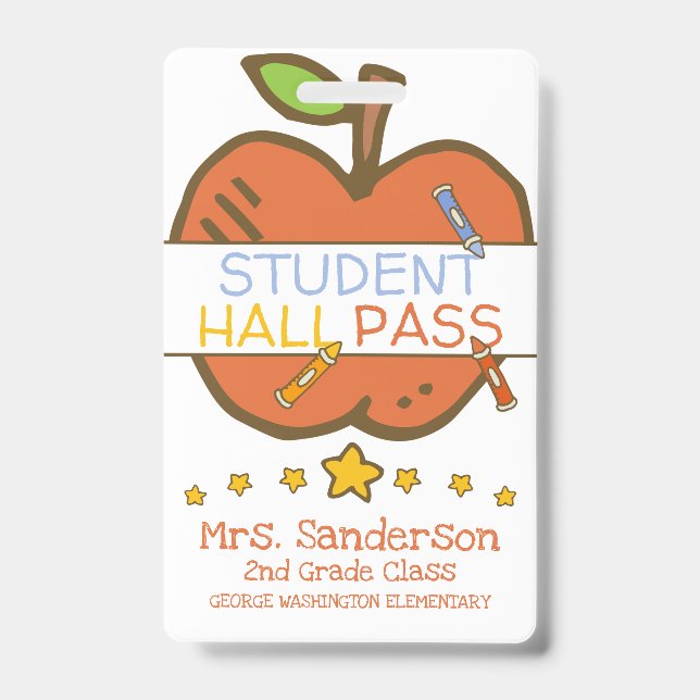 Cute Elementary Student Hall Pass w Crayons Apple Badge (Front)