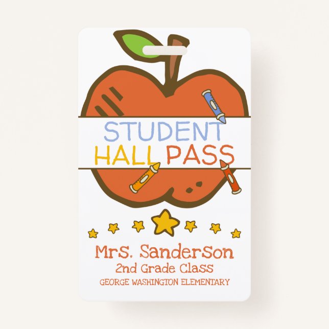Cute Elementary Student Hall Pass w Crayons Apple Badge (Front)