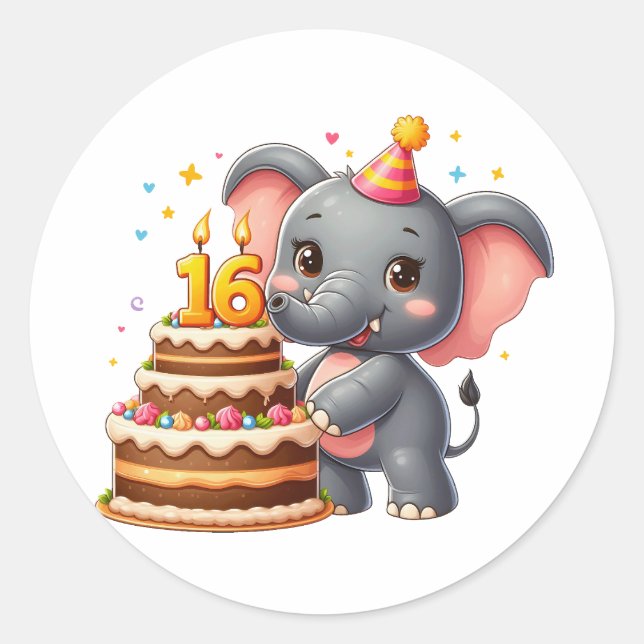 Cute Elephant 16th Birthday Classic Round Sticker (Front)