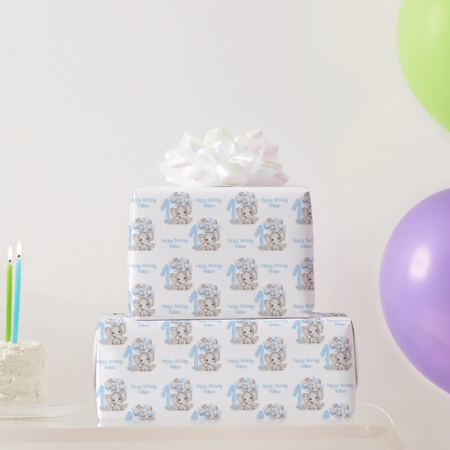 Cute Elephant | 1st Birthday Boy Blue Personalized Wrapping Paper (Party Gifts)