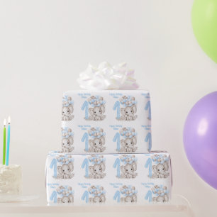 Cute Elephant   1st Birthday Boy Blue Wrapping Pap Paper