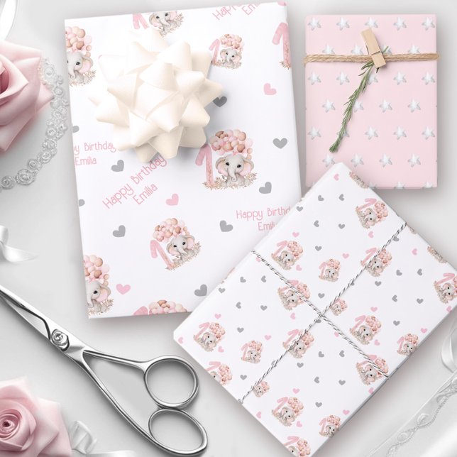 Cute Elephant | 1st Birthday Girl Personalized Wrapping Paper Sheet (Cute Elephant | 1st Birthday Girl Personalized Wrapping Paper Sheets)