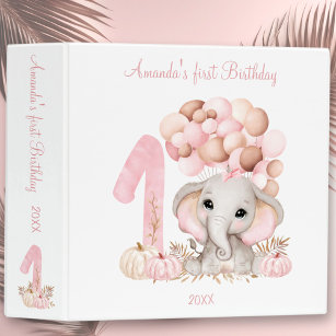 Cute Elephant 1st Birthday Girl Photo Album Binder