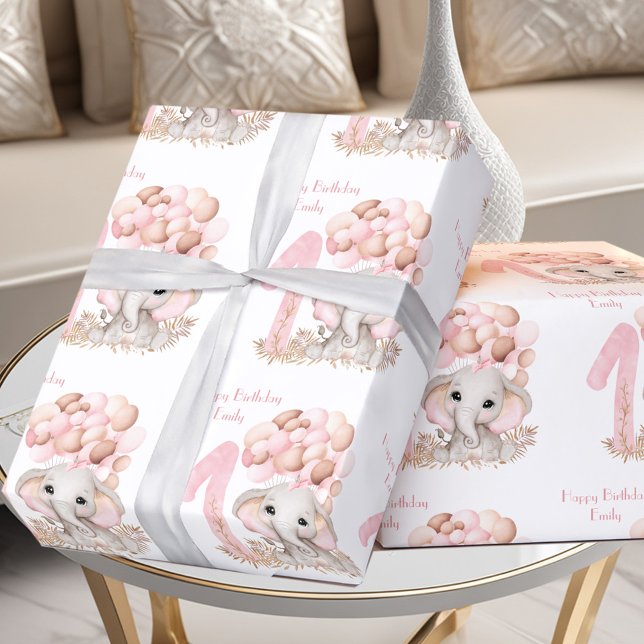 Cute Elephant 1st Birthday Girl Pink Personalized Wrapping Paper (Cute Elephant 1st Birthday Girl Pink Personalized Wrapping Paper)