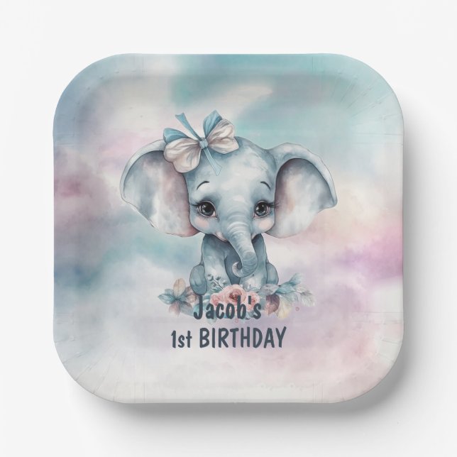 Cute Elephant 1st Birthday Paper Plate (Front)
