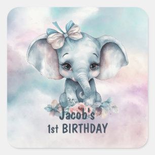 Cute Elephant 1st Birthday Party Square Sticker