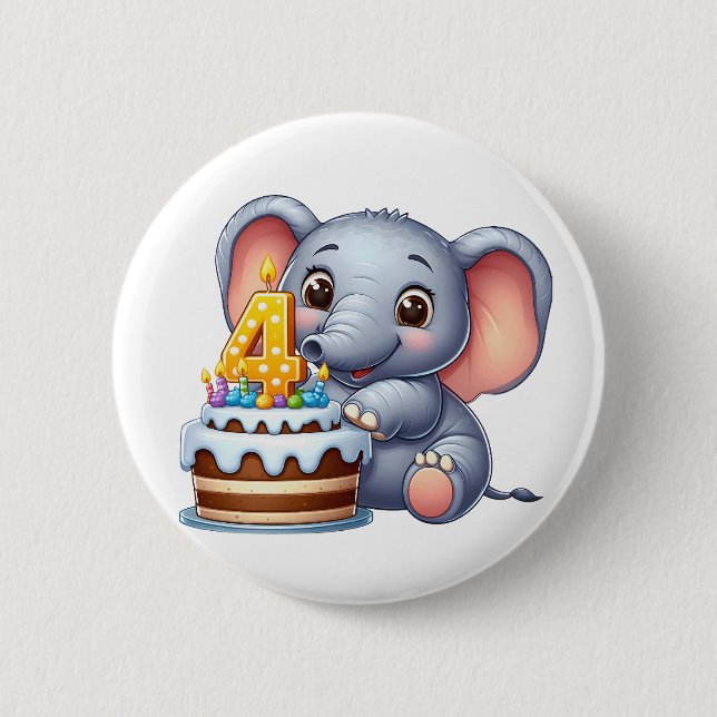 Cute Elephant 4th Birthday 2 Inch Round Button (Front)