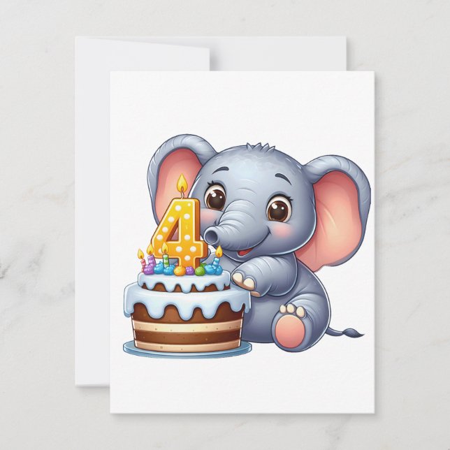 Cute Elephant 4th Birthday Card (Front)