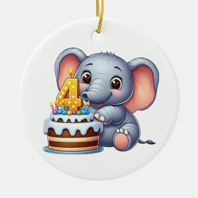 Cute Elephant 4th Birthday Ceramic Ornament (Front)
