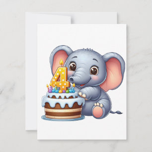 Cute Elephant 4th Birthday Invitation
