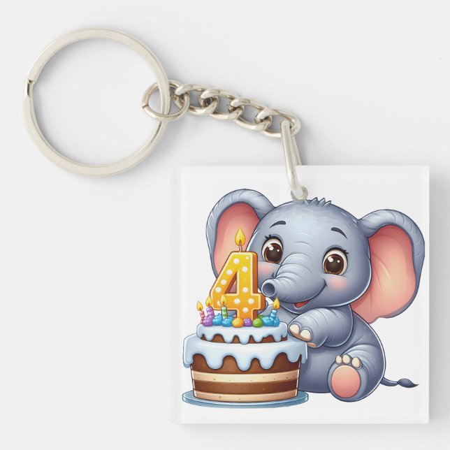 Cute Elephant 4th Birthday Keychain (Front)