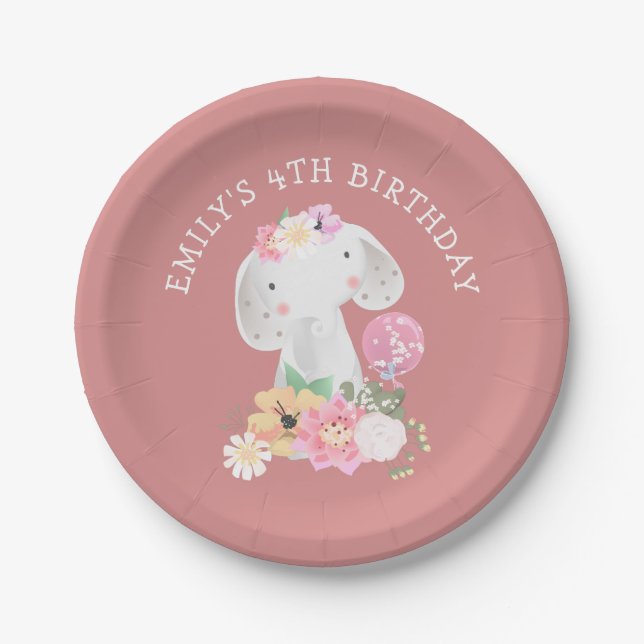 Cute Elephant 4th Birthday Party Girl Dusty Pink Paper Plate (Front)