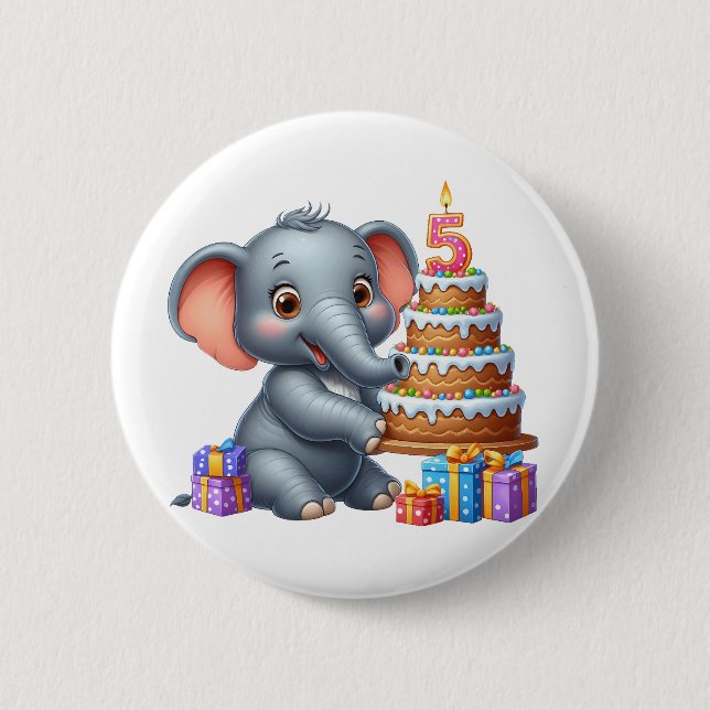 Cute Elephant 5th Birthday 2 Inch Round Button (Front)