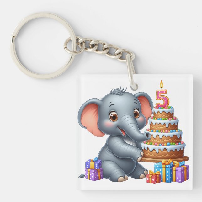 Cute Elephant 5th Birthday Keychain (Front)