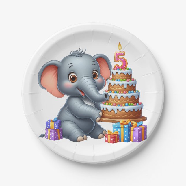 Cute Elephant 5th Birthday Paper Plate (Front)