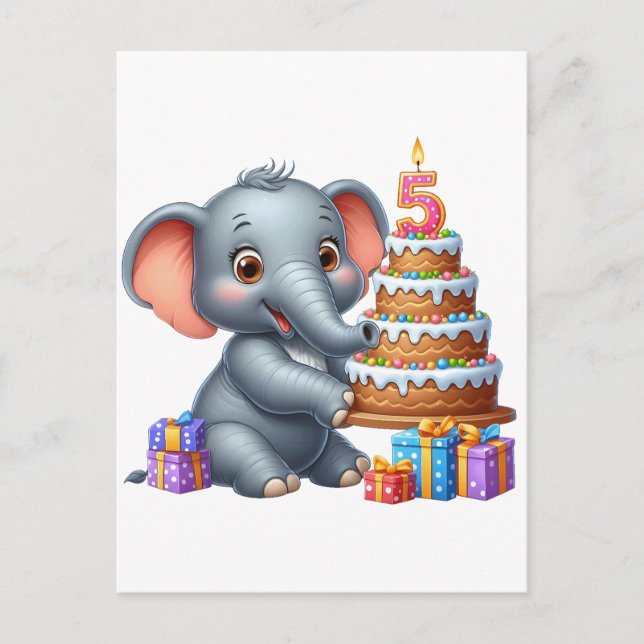 Cute Elephant 5th Birthday Postcard (Front)