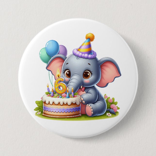 Cute Elephant 6th Birthday 3 Inch Round Button (Front)