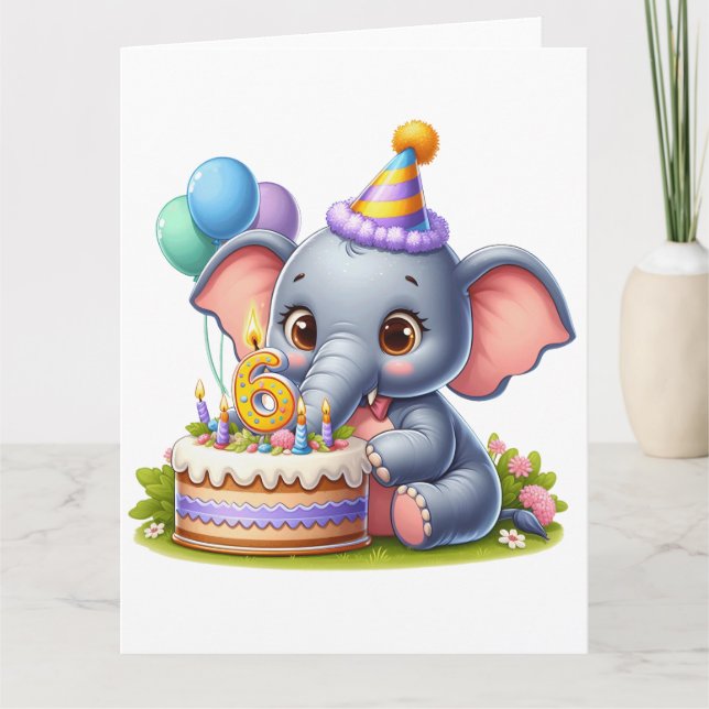 Cute Elephant 6th Birthday Card (Front)