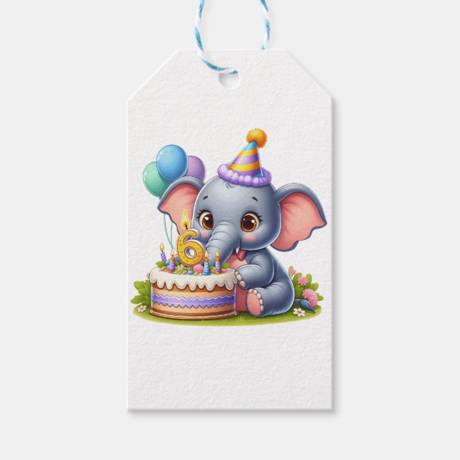 Cute Elephant 6th Birthday Gift Tags (Front)