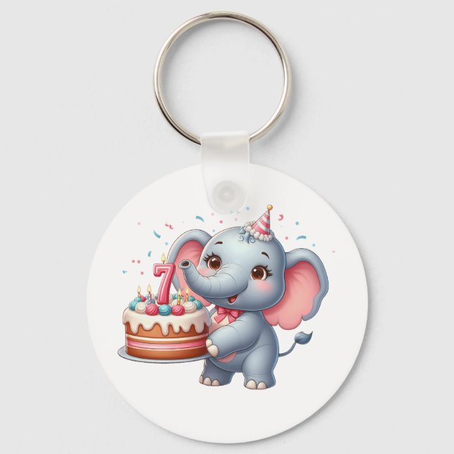 Cute Elephant 7th Birthday Keychain (Front)