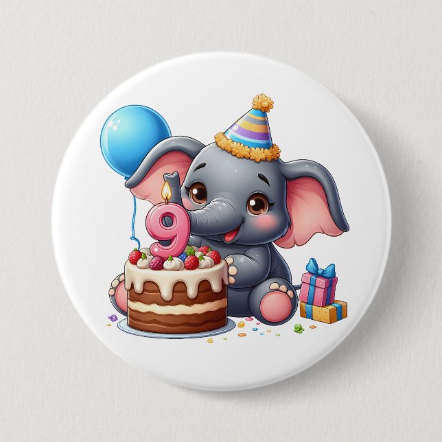 Cute Elephant 9th Birthday 3 Inch Round Button (Front)
