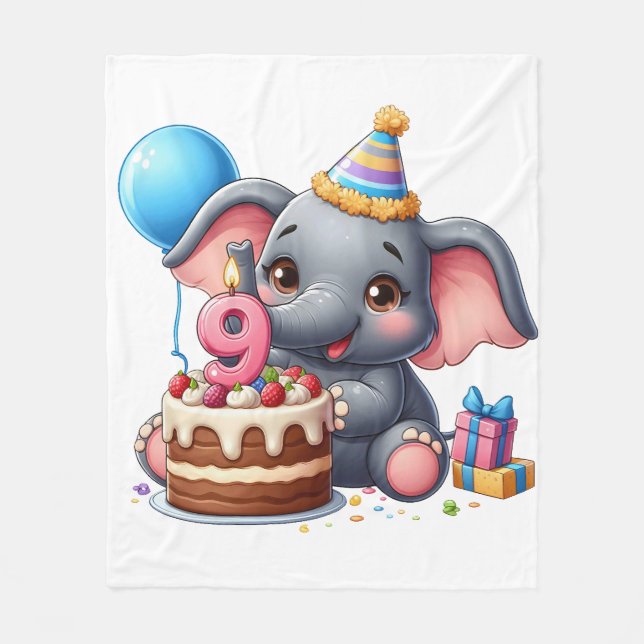 Cute Elephant 9th Birthday Fleece Blanket (Front)