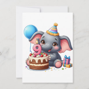 Cute Elephant 9th Birthday Invitation