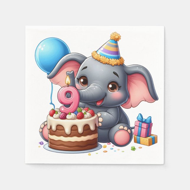 Cute Elephant 9th Birthday Napkin (Front)