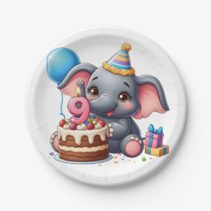 Cute Elephant 9th Birthday Paper Plate