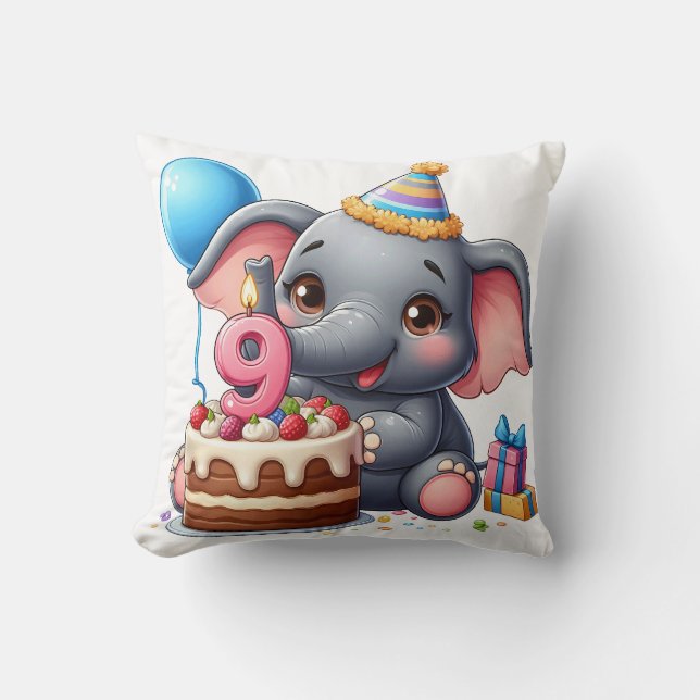 Cute Elephant 9th Birthday Throw Pillow (Front)